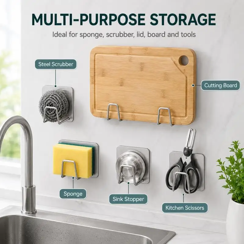 Self-Adhesive Stainless Steel Sponge Holder, No-Drill Sink Caddy for Scrubber, Cloth, Lid, Kitchen & Bathroom view 5