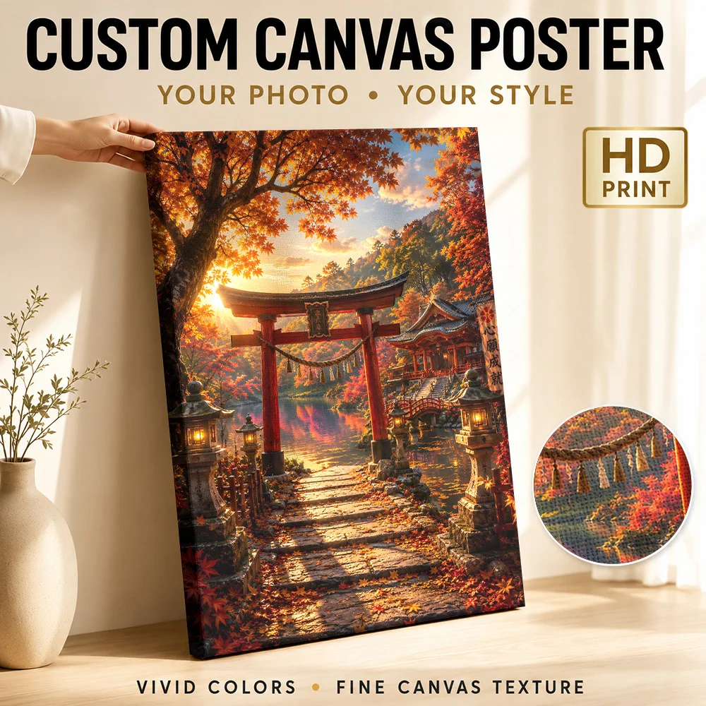 Autumn Torii Temple Landscape Wood Framed Canvas Poster Customized Photo Scenic Illustration Wall Art For Entryway Birthday Gift