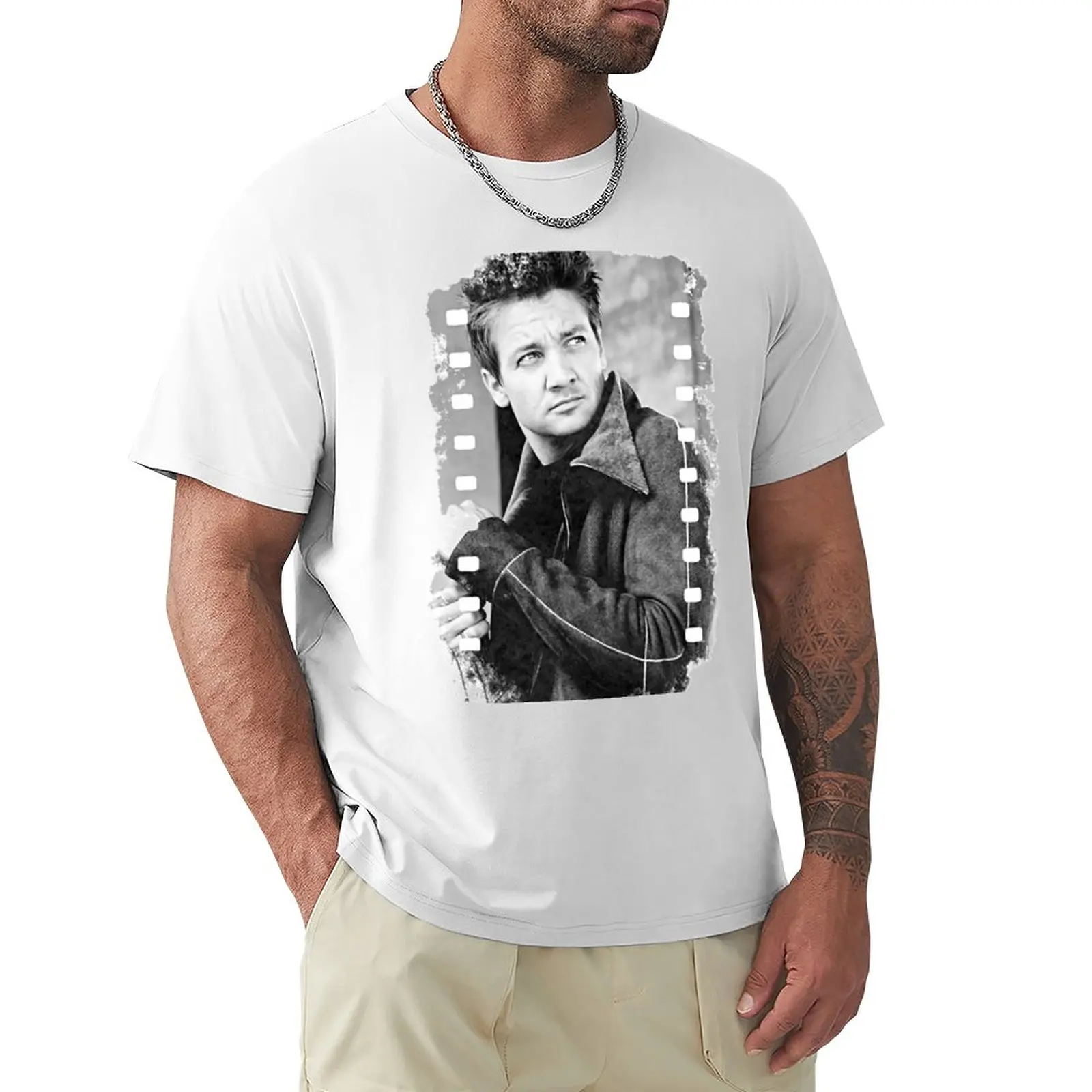 Jeremy Renner B&W Film T-Shirt funny t shirts funny t shirt summer clothes Men's t-shirt