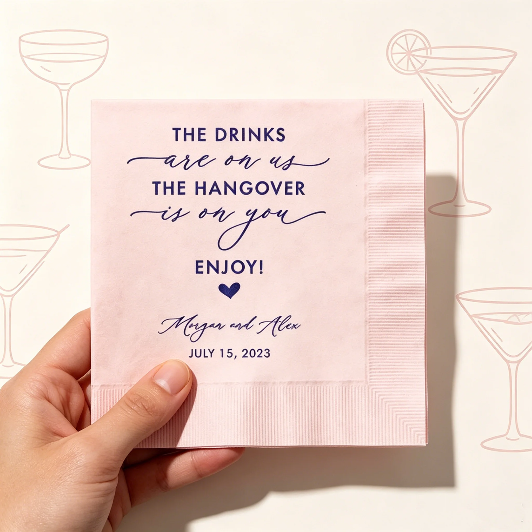 

50pcs Personalized Funny Wedding Napkins, Custom Names & Date with Navy Foil "The Hangover Is On You" Quote, White Disposable Co