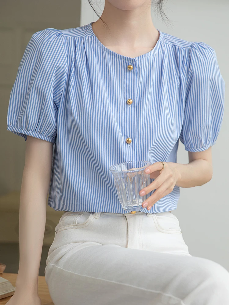 QOERLIN Office Ladies Striped Blue Shirts Women 2024 Summer Short Sleeve Single Breasted Blouse Metal Buttons Shirts Trendy