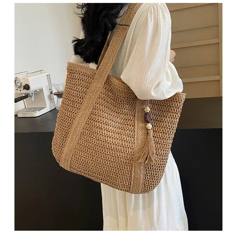 

Large Capacity Tote Bags for Women 2024 Summer Straw Knitting Shoulder Bags Female Casual Zipper Travel Shopper Handbags Ladies