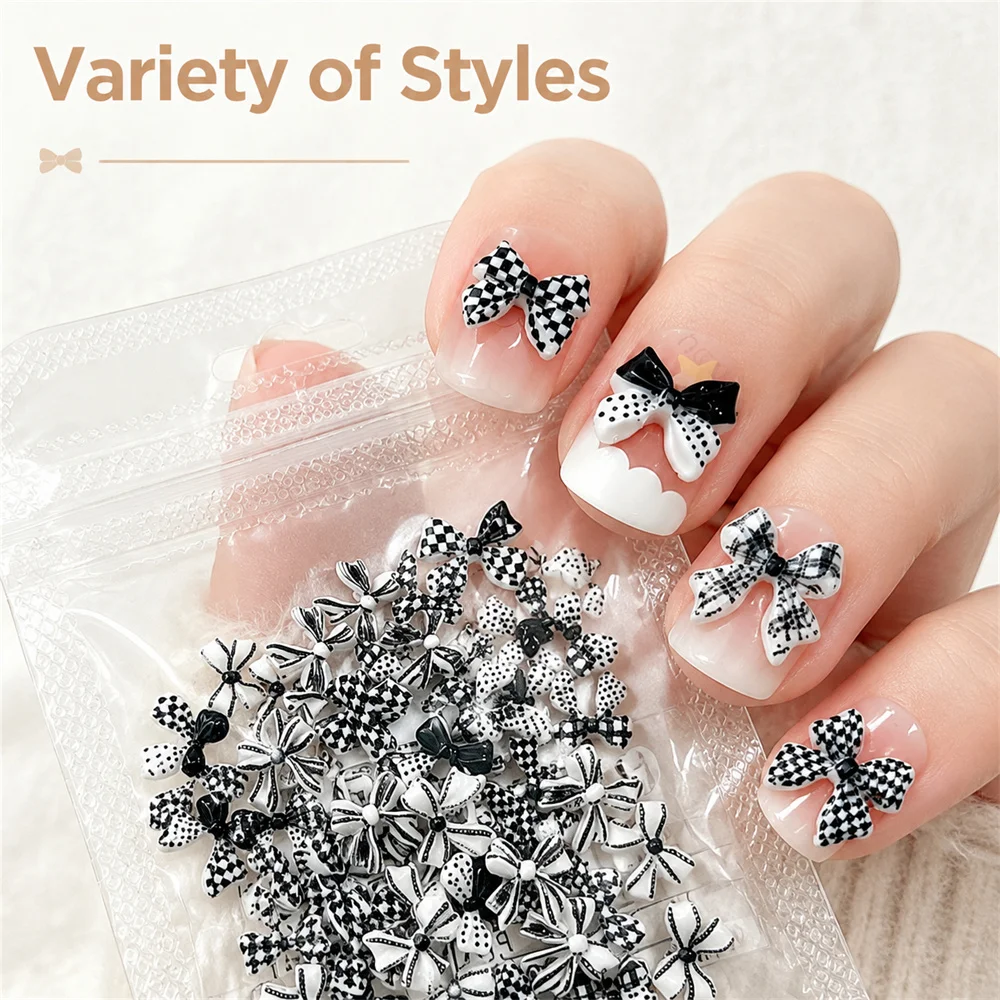 50Pcs Y2K Style 3D Bow Nail Charms Black White Checkerboard Polka Dot Decors For Nail Art DIY Manicure Ornament Accessories