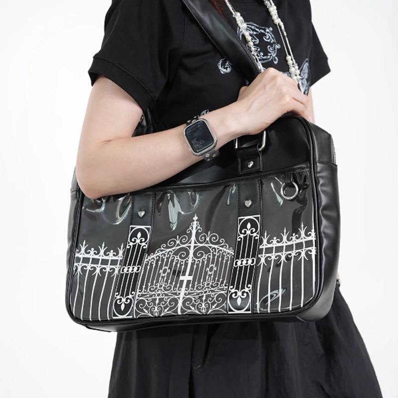 Gothic Ita Bag mit transparentem PVC-Fenster, Damen-Umhängetasche mit Eisentor-Design-Print, Vintage-Handtasche, schwarze Tragetasche – Detail 8