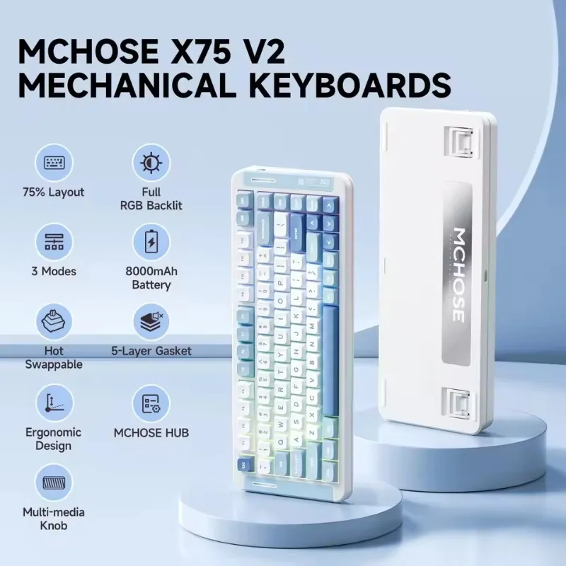 

MCHOSE X75 V2 Pro Wireless Mechanical Keyboard Tri-Mode Connection Ergonomic Design RGB Hot-Swap 8000mAh Battery PBT Keycaps PC