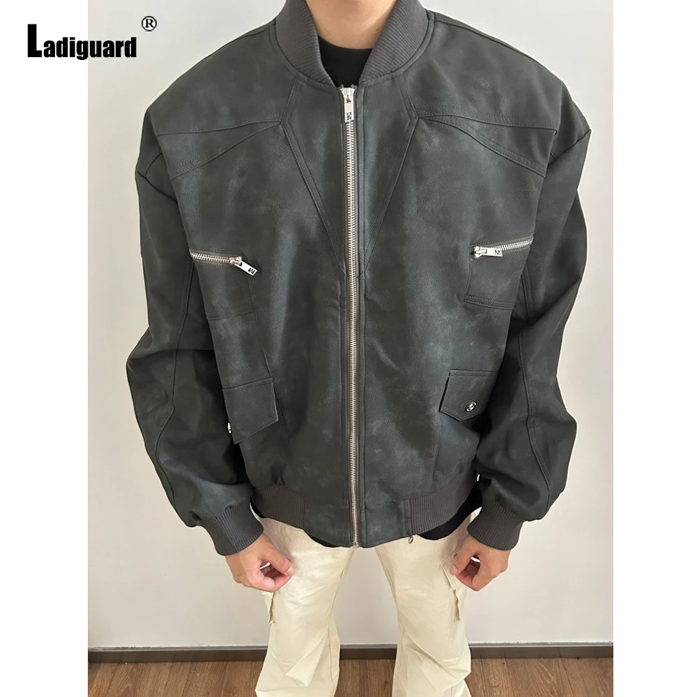 Ladiguard 2024 New Pu Jackets Black Soft Faux Leather Outerwear Men Fashion Zip Up Coats Kpop Moto&Biker Jacket Men's Overcoats