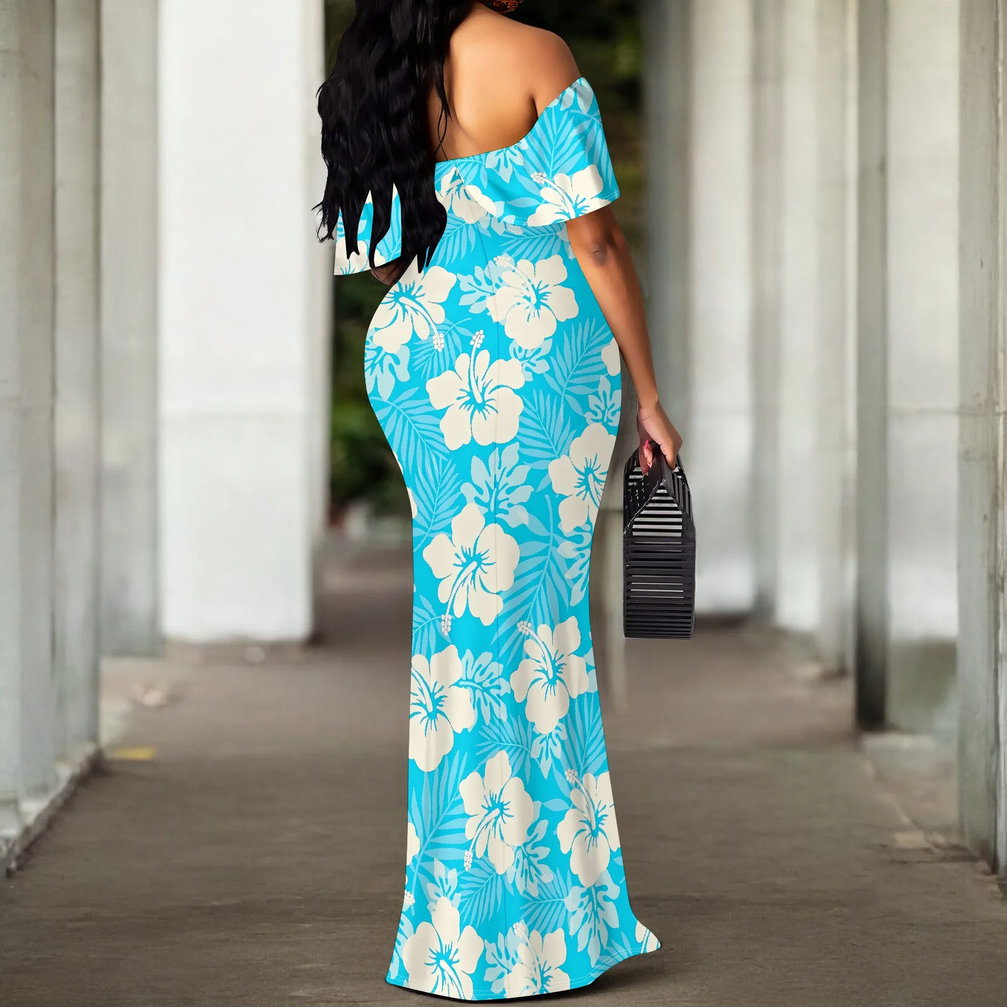 فستان Nupusa Hibiscus Print للنساء مقاس عادي صيفي كاجوال بدون أكتاف