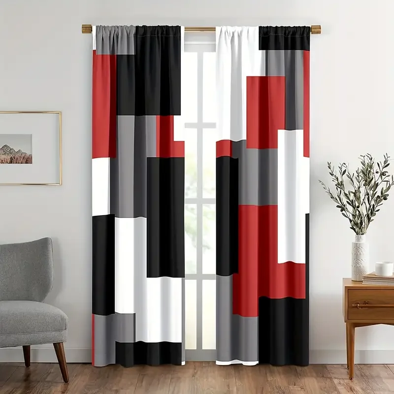 2panels Plaid Pattern Curtains, Rod Pockets Window Treatment, Red White Grey Black Curtain Suitable For Living Room Bedroom