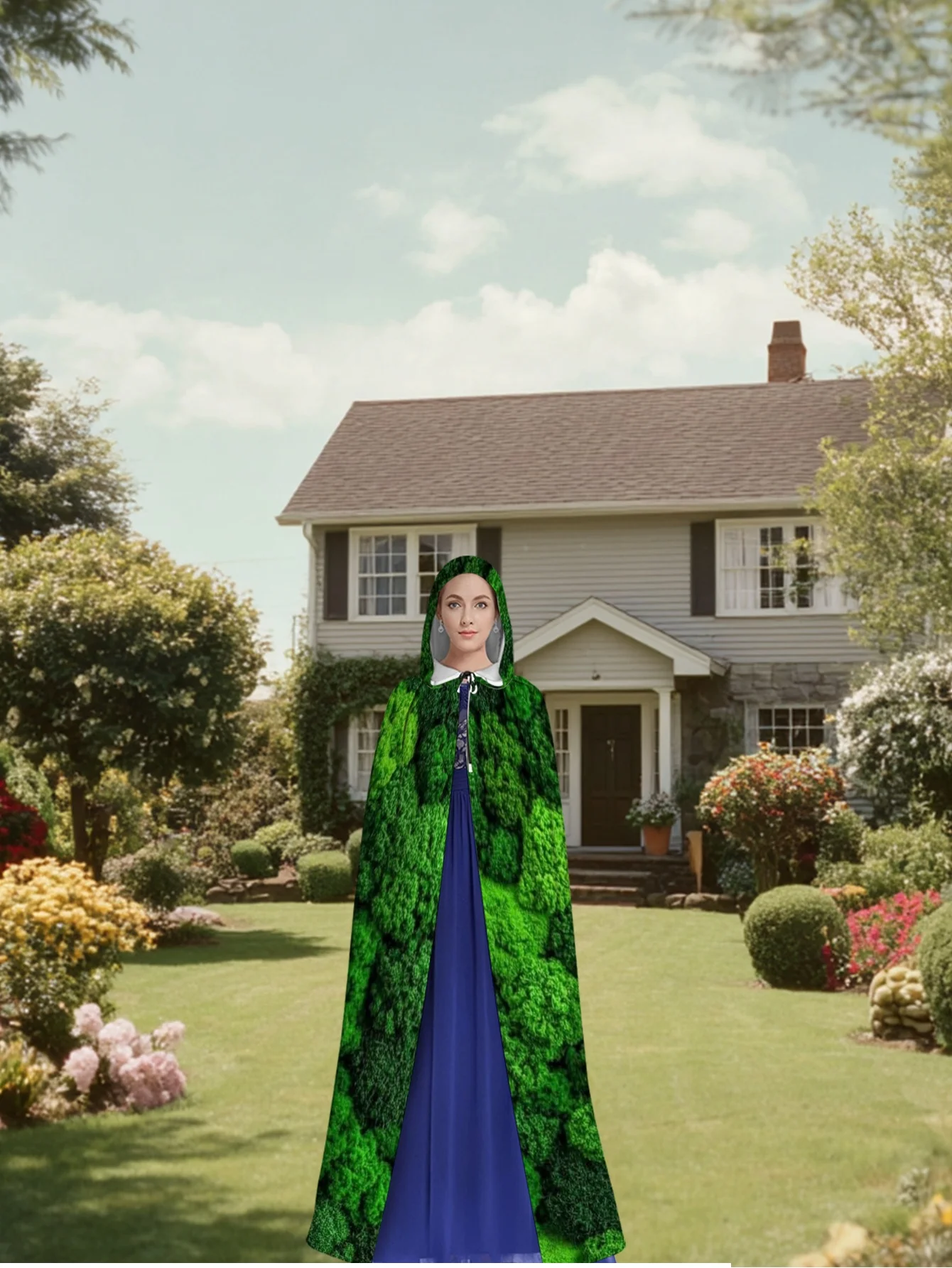 Lush Green Forest Canopy Hooded Cape Polyester Hooded Costume with Forest Print Machine Washable Suitable for Cosplay