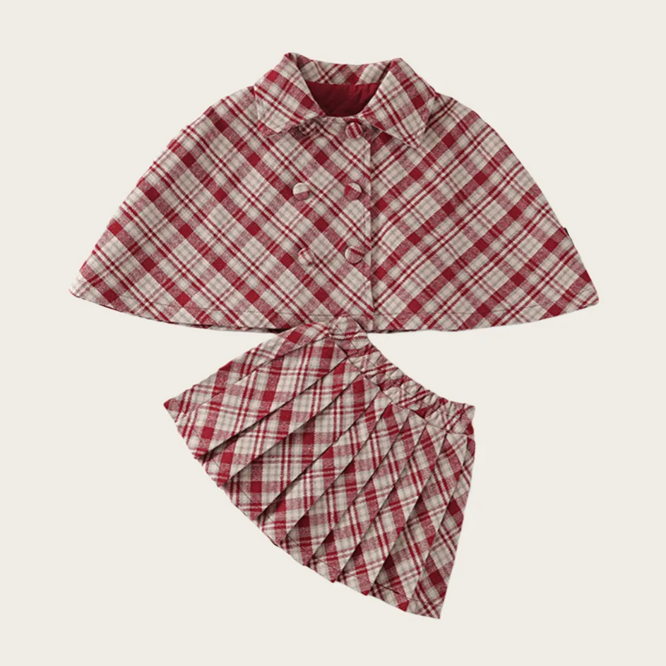 Girl's Temperament Set 2026 Autumn and Winter Woolen Plaid Cloak Top Pleated Skirt Two-piece Set