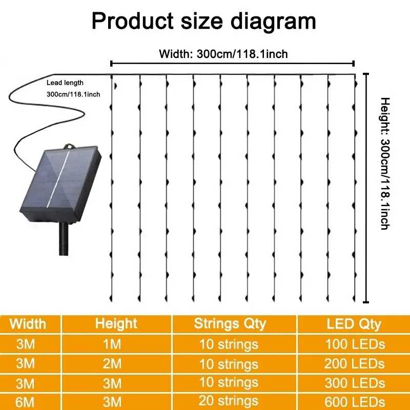 Imagem -06 - Outdoor Solar Curtain Led String Lights Iluminação de Natal Fairy Lights Ótimo para Casamento Aniversário Pátio Decoração de Jardim 6m 3m