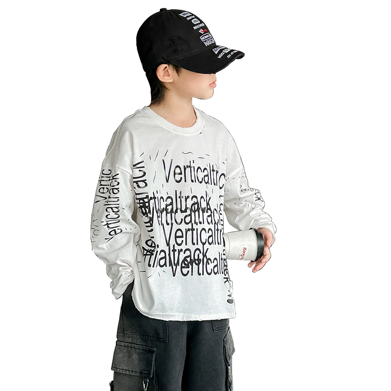 

Korean Style Kids Summer T-shirts with Prints Letters for Teen Boys Cotton Long Sleeve Tshirt Children Fashion Tee Top Clothing