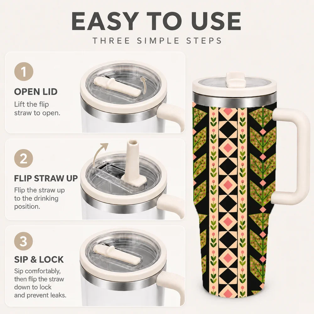 Geometric Folk Quilt Vacuum Flasks 40oz Stainless Steel Insulated Tumbler with Handle & Straw Lid, Leakproof Travel Cup