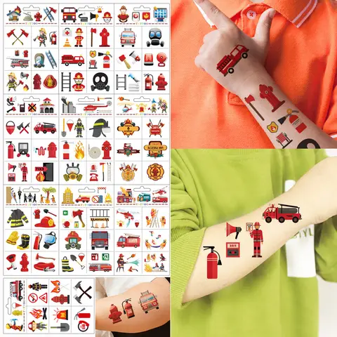 10 시트 (70pcs) 어린이를위한 방수 소방관 소화기 문신 스티커 소방차 만화 임시 문신