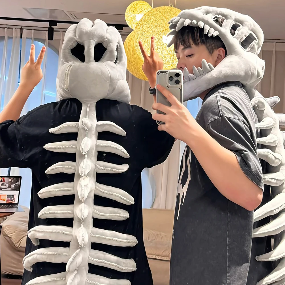 Funny Dinosaur Skeleton Hood Mask Cosplay Animal Dragon Skull Plush Helmet Halloween Carnival Dress Up Party Costumes Props