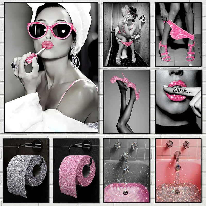 Sexy Woman Fashion Toilet Wall Art Poster Canvas Painting Pink Glitter Bling Roll Paper Bathroom Print Picture Decorative Cuadro