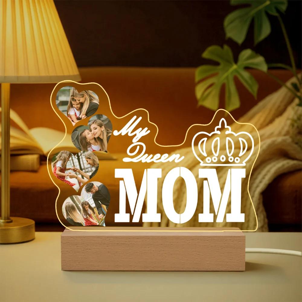 Custom Acrylic Night Light for Mom Personalized Photo LED Dimmable Plug-in Nightlight with USB Cable Mother's Birthday Day Gift