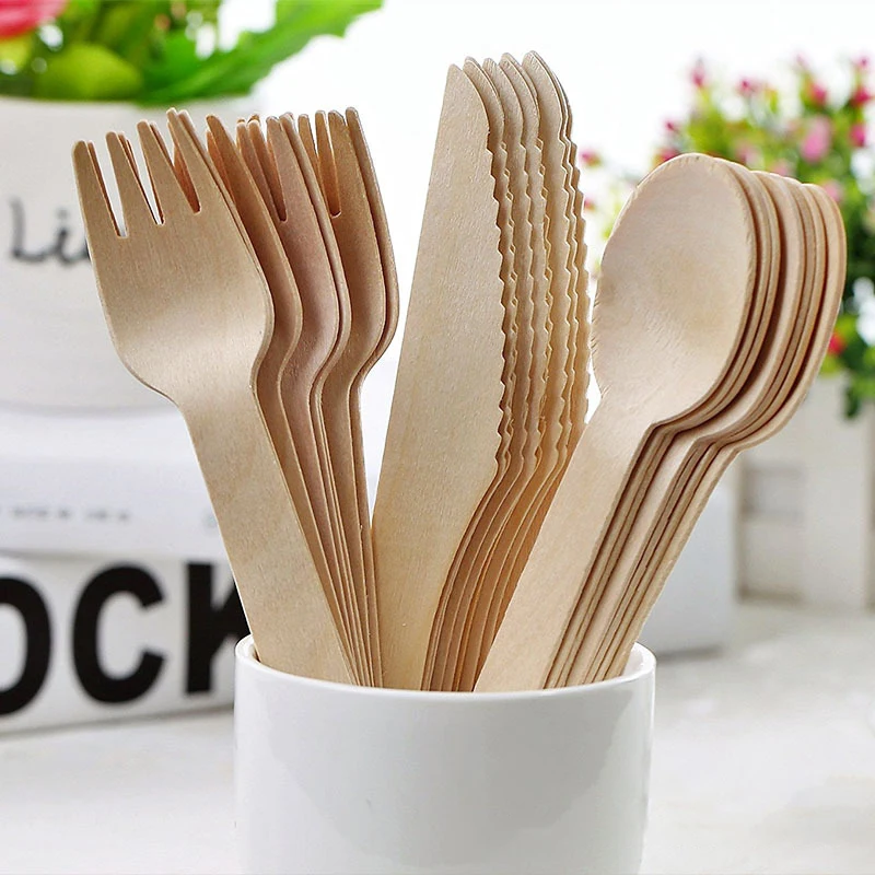 12/18pcs Birthday Party Disposable Wooden Knife Fork Spoon Set Environmentally Friendly Biodegradable Wooden Tableware