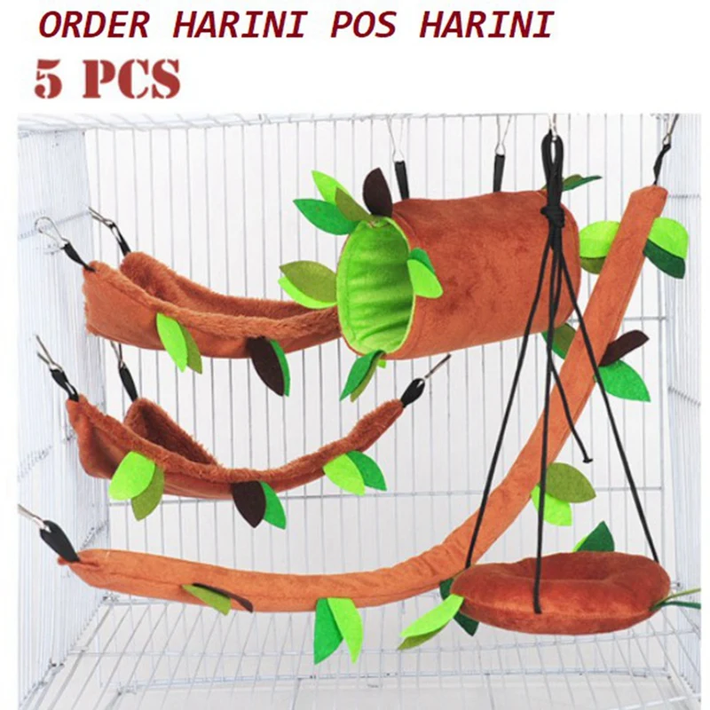 A50I 5Pcs Hamster Sugar Glider Hanging Cage Accessories Set Leaf Wood Design Small Animal Hammock Channel Ropeway Swing