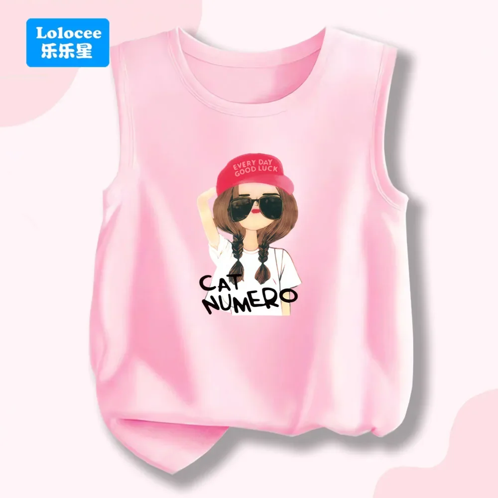 Cool Girl Print Kids Cotton Sleeveless T-shirt - 5 Colors Round-Neck Summer Vest for 3 -14 Years Kids Singlet NHMJ1