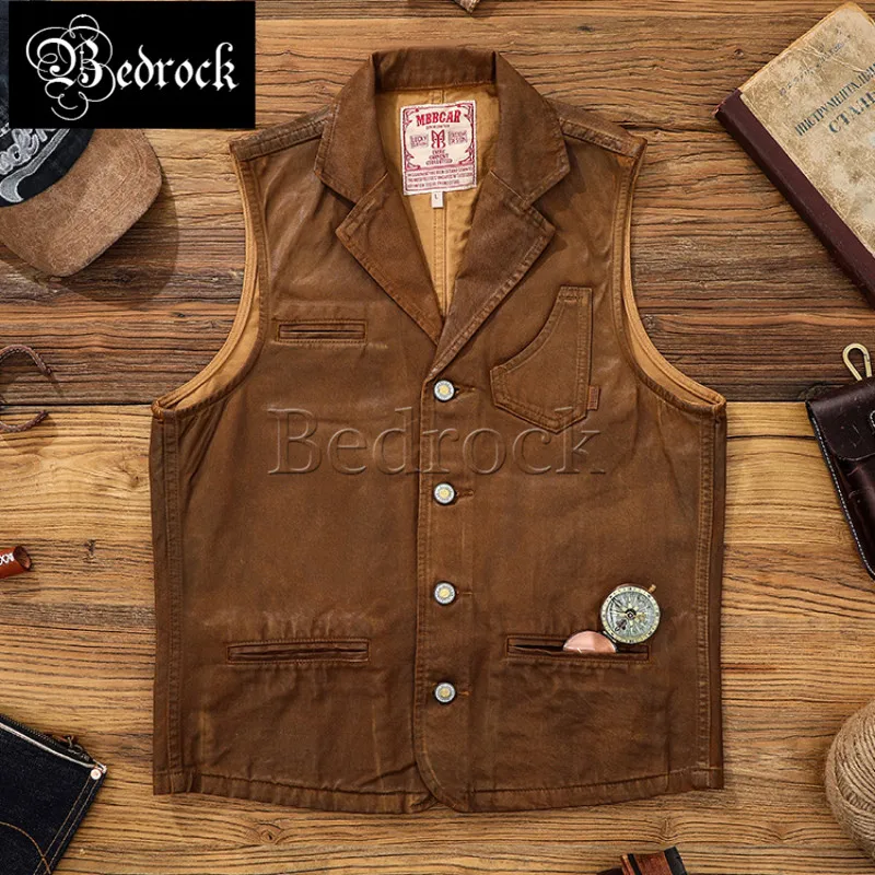 MBBCAR 10oz selvedge denim manual PU vest for men 100 Cotton Amekaji Brown waterproof vinatge V-Neck Hunting vest Bukleback 3090