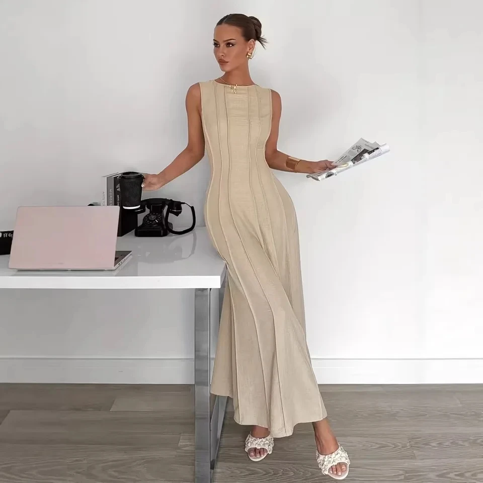 

2026 Summer New Women Sleeveless Pleated Waist Cinching Elegant Long Dress Multi Color Options Bodycon Graceful Style
