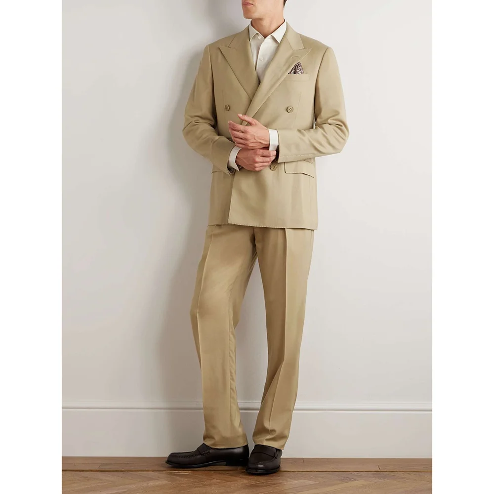 

Casual Khaki Double Breasted Peaked Lapel Men Suits 2 pieces (Jacket+Pants) Wedding Evening Party Sets Formal Event Suits