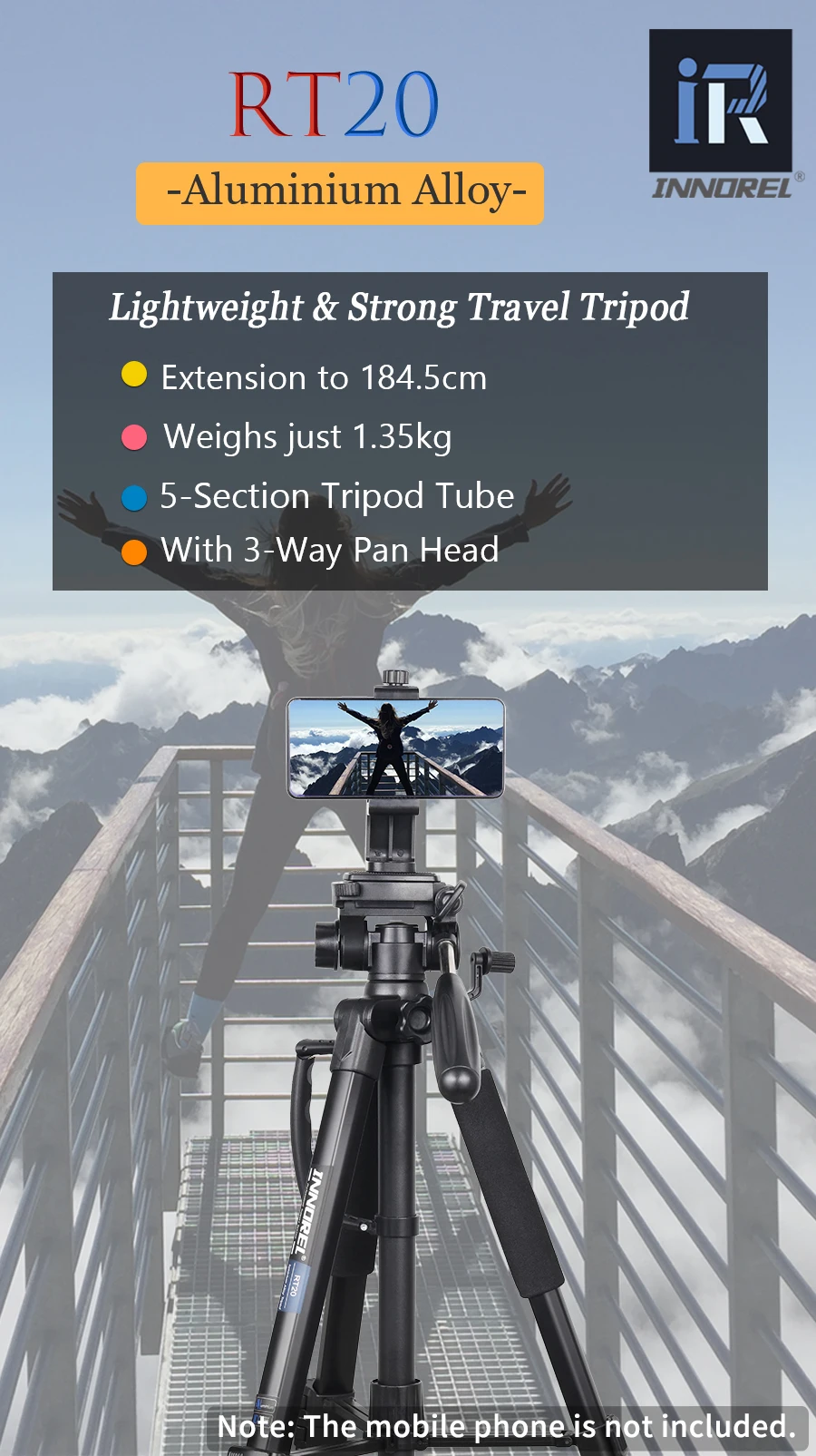 INNOREL RT20 184 cm Höhe Kamerastativ Leichter Reise-Profi-Ständer für DSLR-Handy-Camcorder Gopro Fülllicht – Detail 1