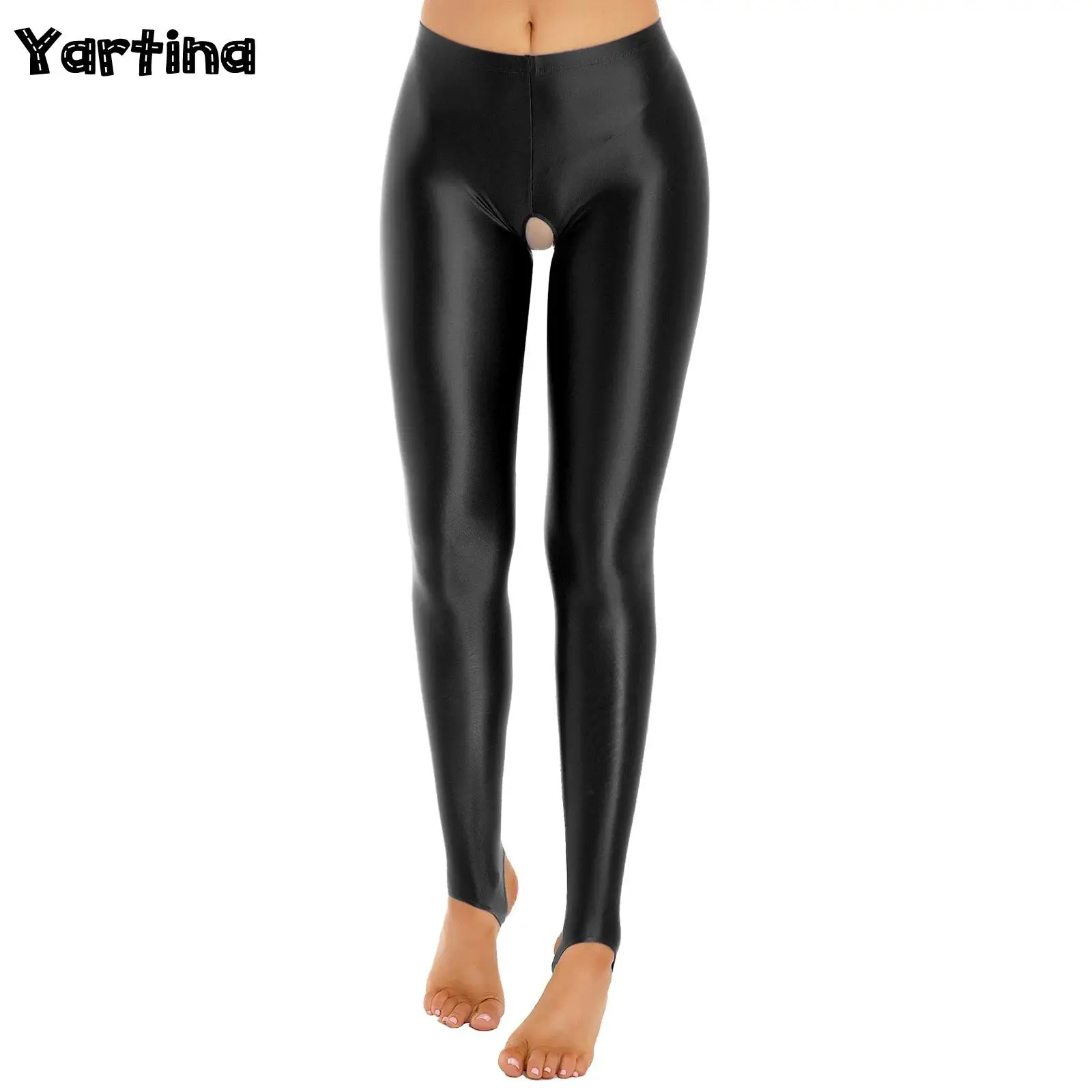 Womens Lingerie Glossy Open Crotch Stirrup Tights Leggings Stretchy Smooth Mid Waist Elastic Waistband Compression Skinny Pants