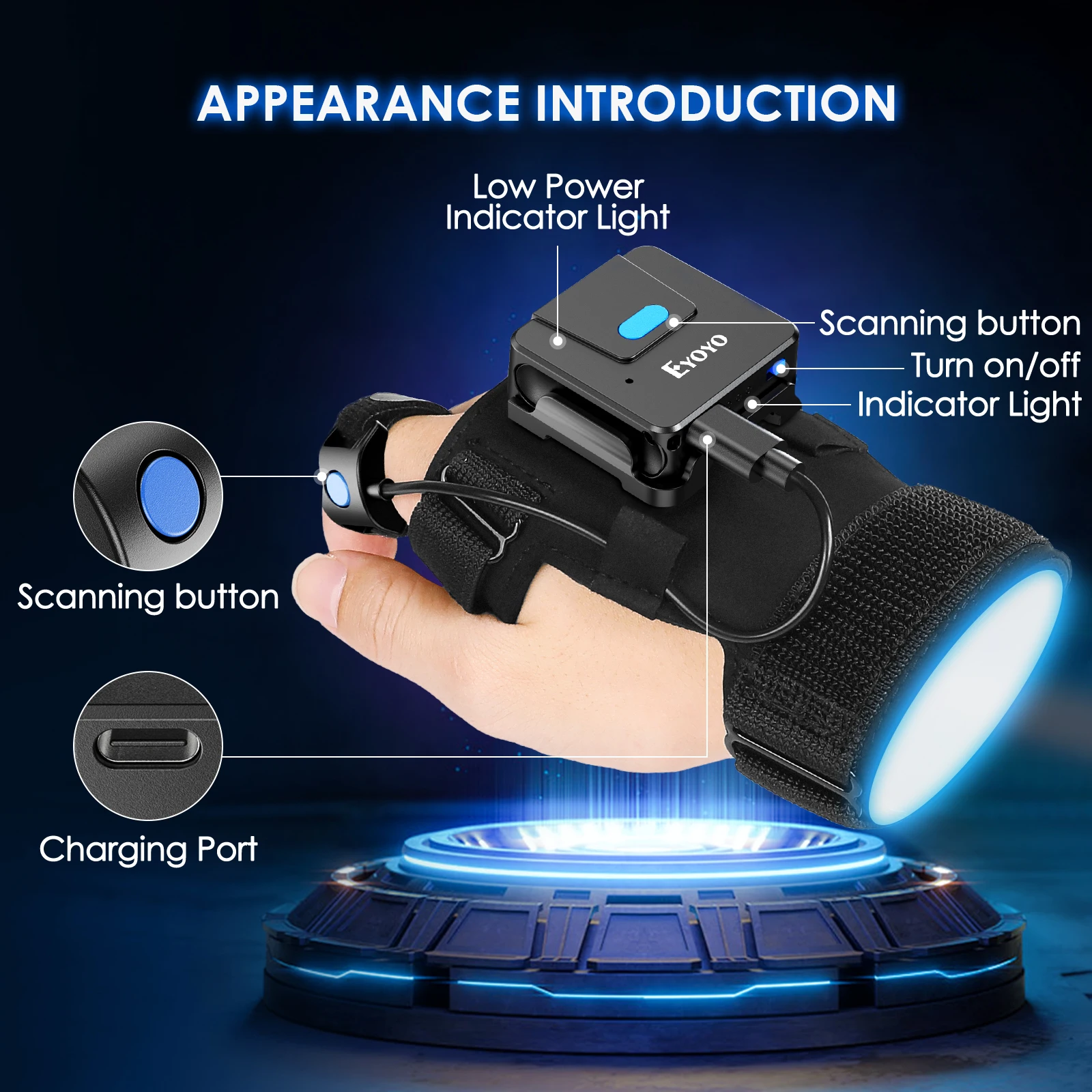 Eyoyo 2D Bluetooth Barcode Scanner Wearable Handschoen Scanner Left & Right Hand Wearable1D Qr Patable Vinger Draadloze Bar Code Reader