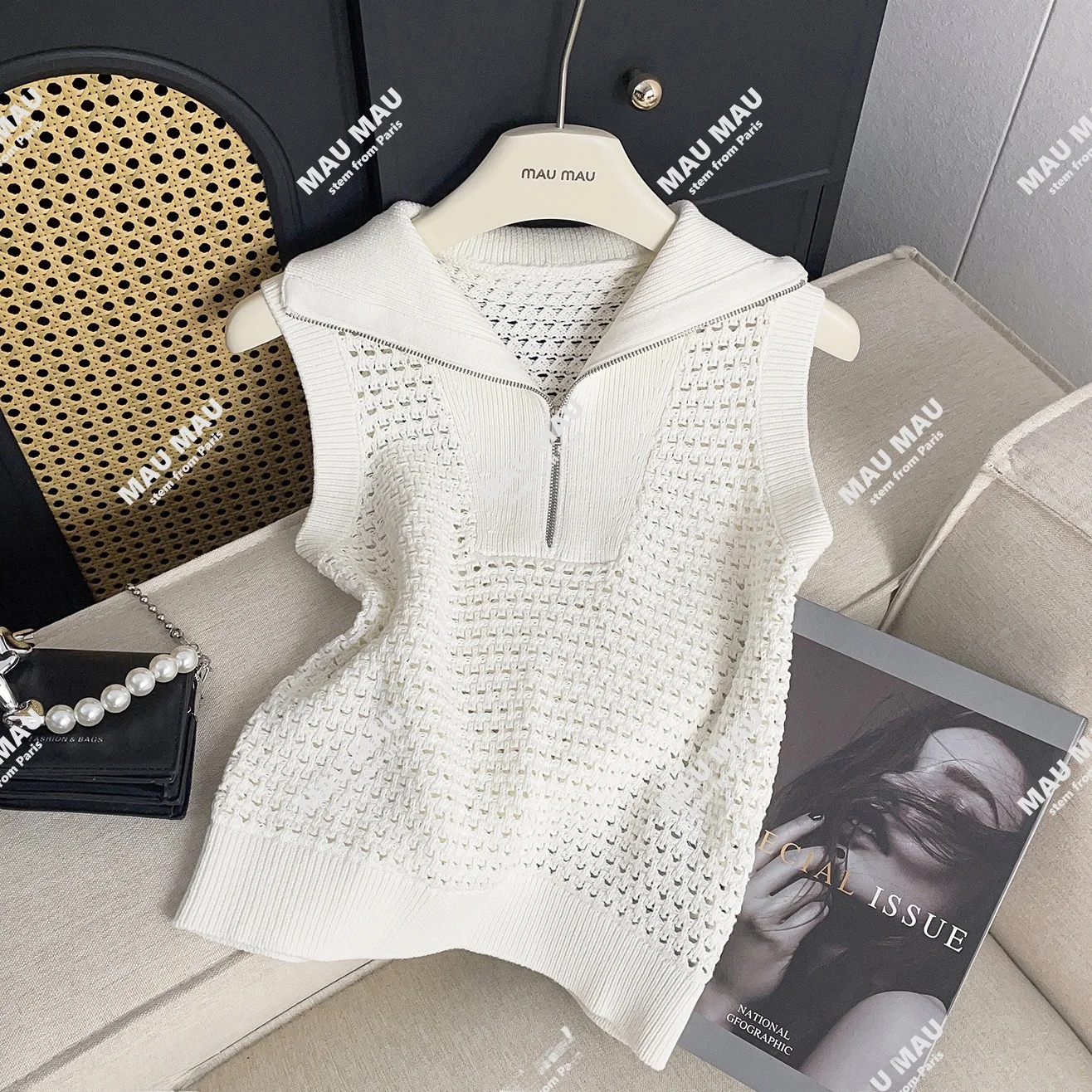 

Faionable Svel f-Zip Knitted Vest Hollow out Design Premium Quali Women's Summer Top Trendy Commute Sle Regula...