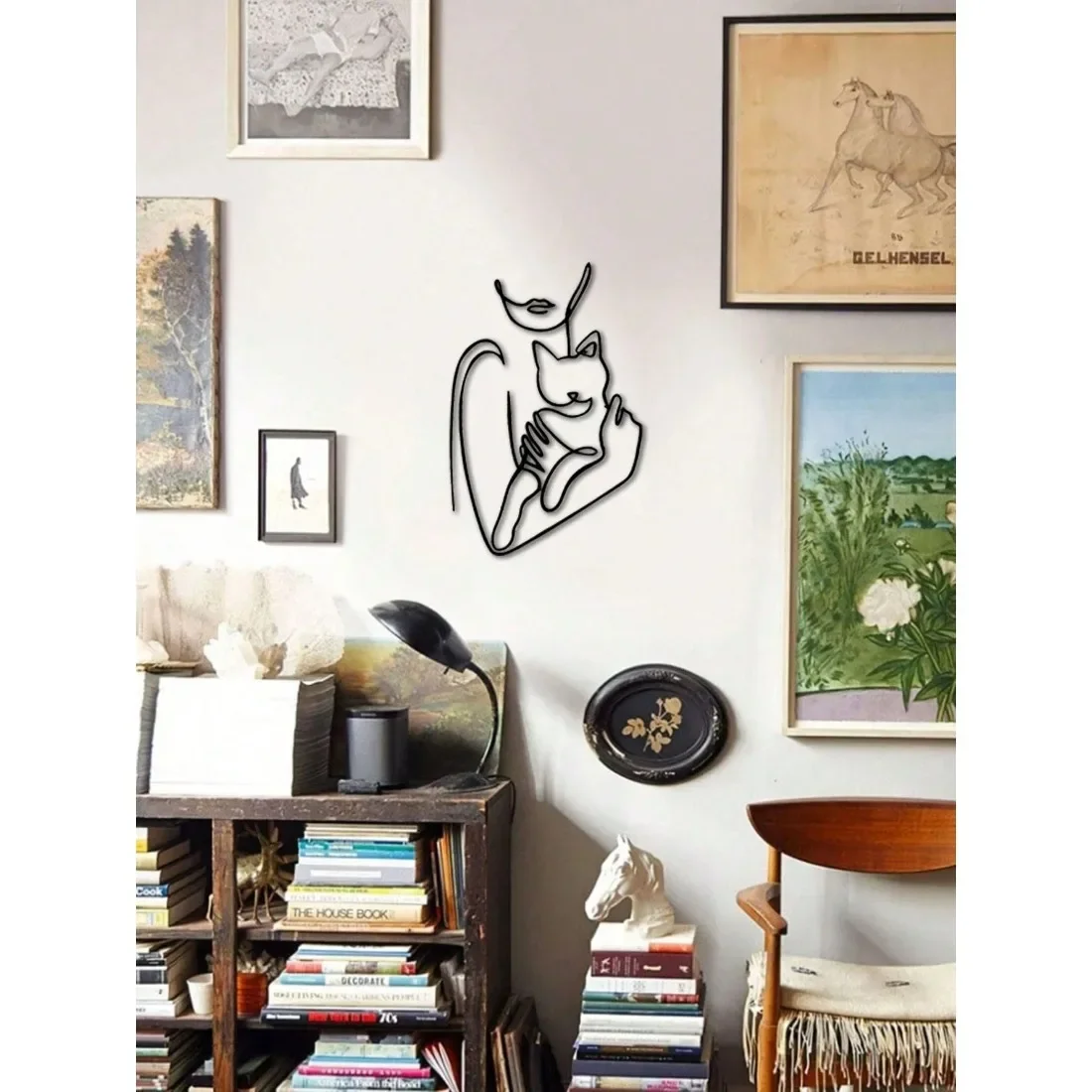 CIFBUY Minimalist Wire Line Art Metal Wall Decor Woman Cat Iron Hanging Sculpture Abstract Modern Home Cafe FarmhouseDecor