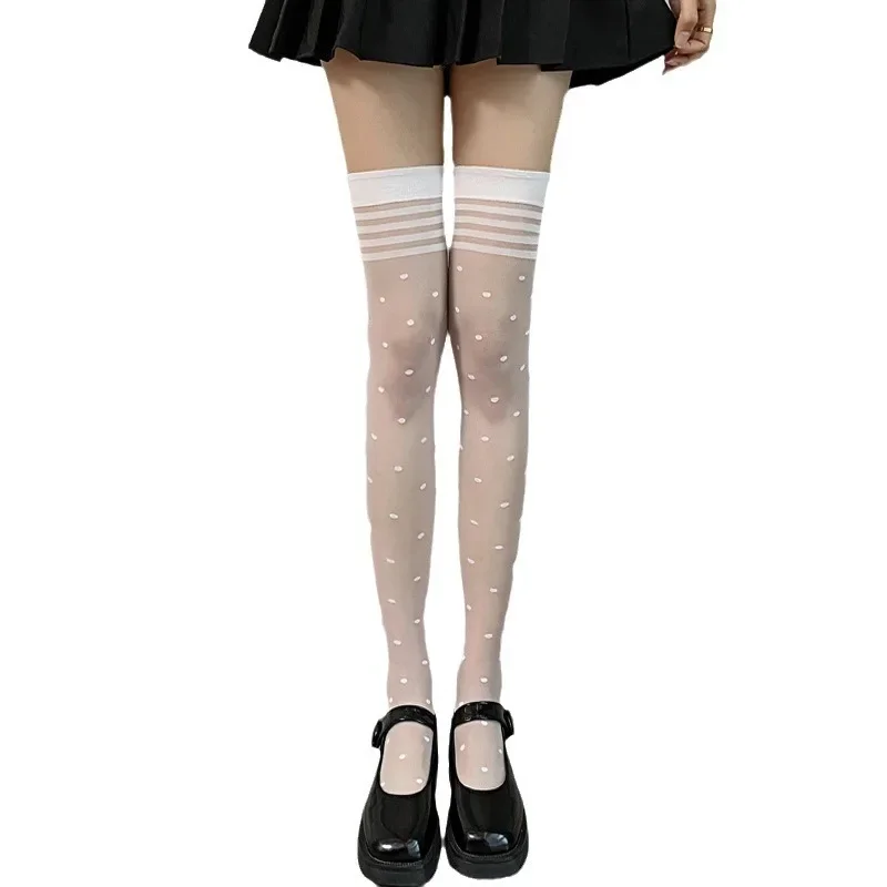 Calcetines largos de nailon transparente ultrafinos para mujer, medias altas hasta el muslo JK Lolita, calcetines hasta la rodilla de lunares de estilo japonés