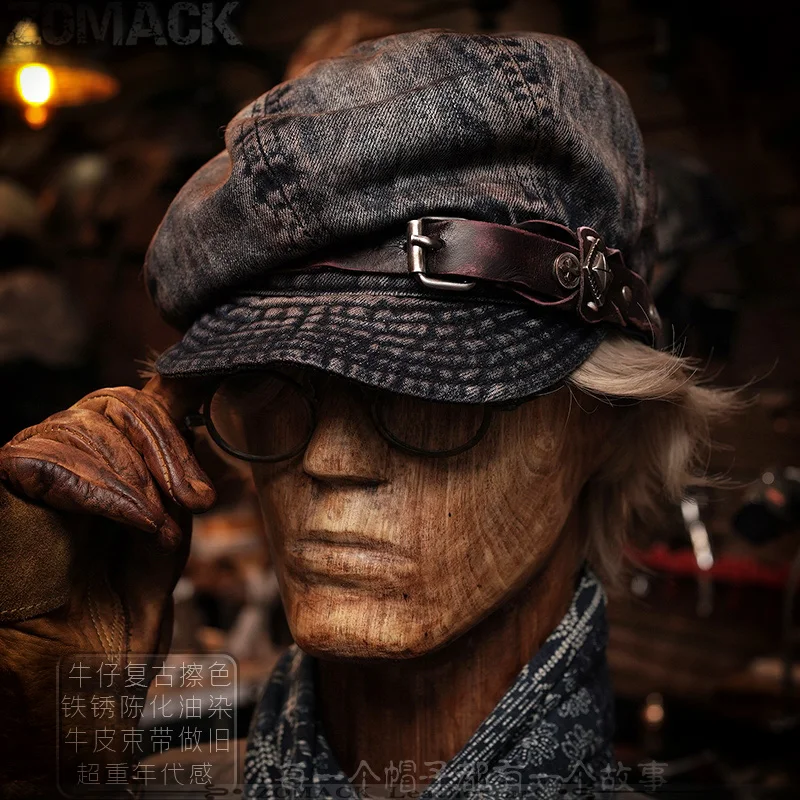 Handmade Vintage Denim Beret Male Newsboy Postman Versatile Painter Distressed Japanese