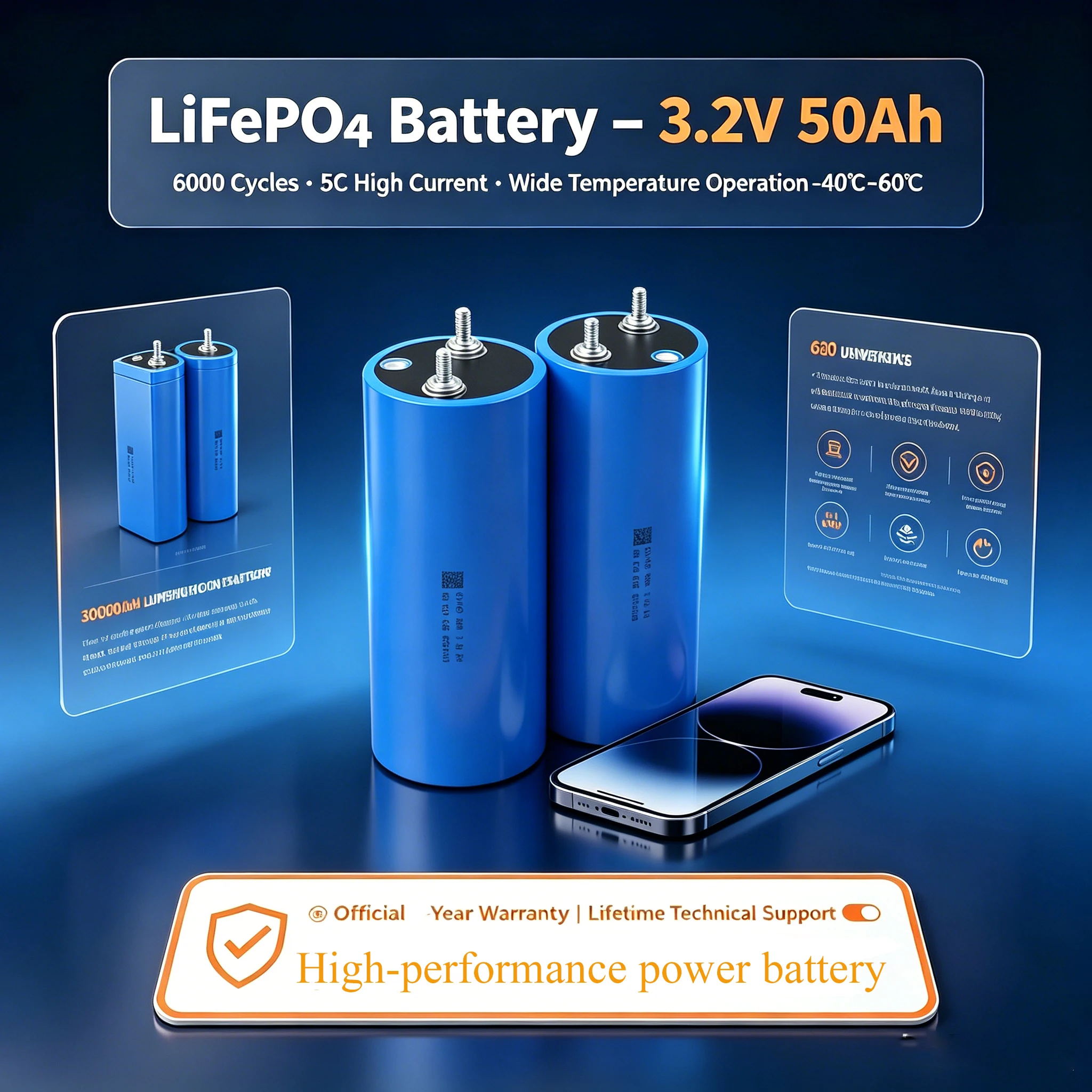 3.2V 50Ah LiFePO4 Battery 60145 5C High Discharge Lithium Iron Phosphate Cell for 12V 24V Motorcycle Car Golf Cart Camping Trip