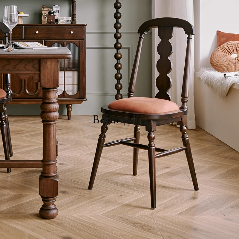 

French solid wood dining chair simple soft bag light luxury high sense living room retro style dining table chair