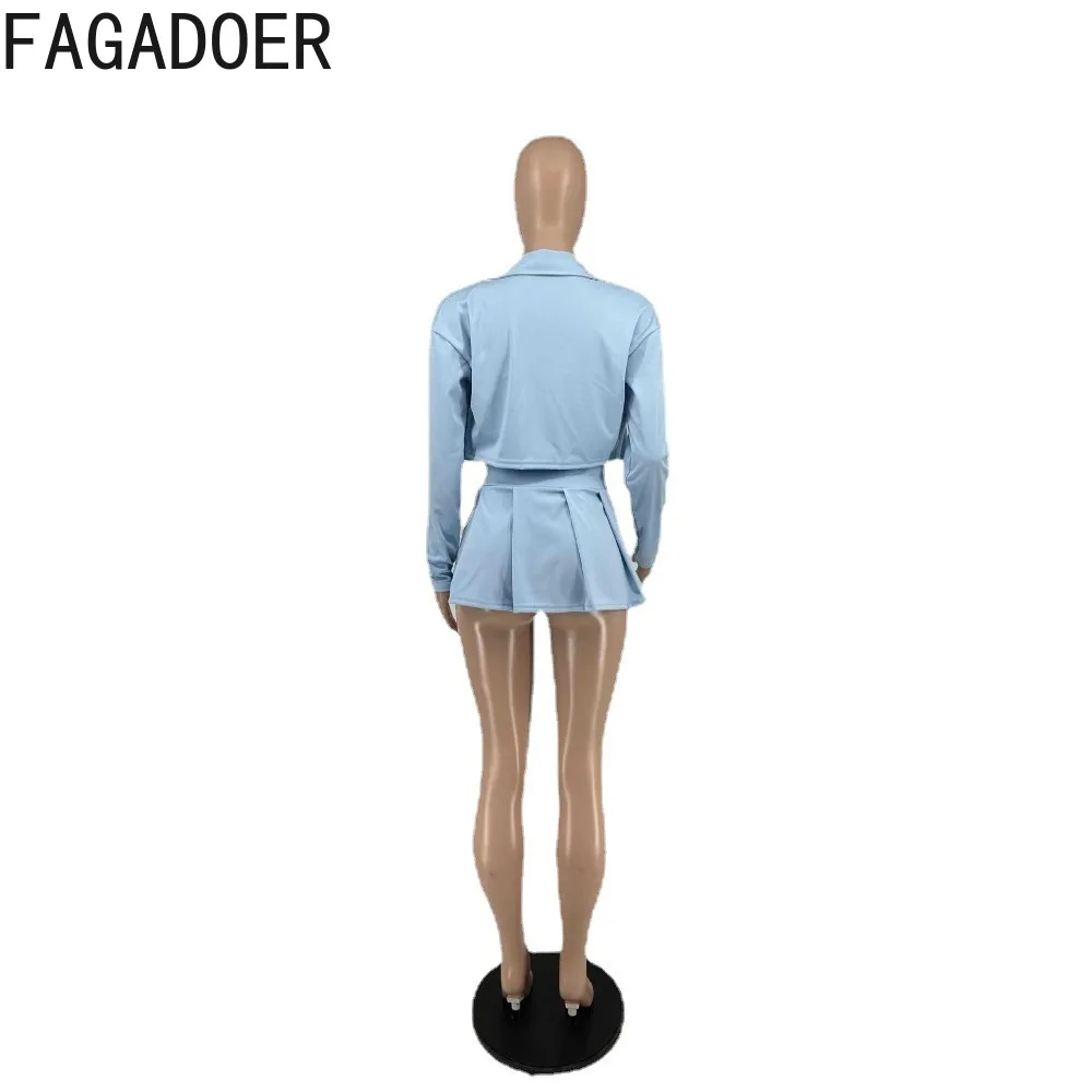 FAGADOER Spring New Y2K Solid Color Pleated Skirts Three Piece Sets Women Vest + Long Sleeve Crop Coat + Mini Skirts Streetwear