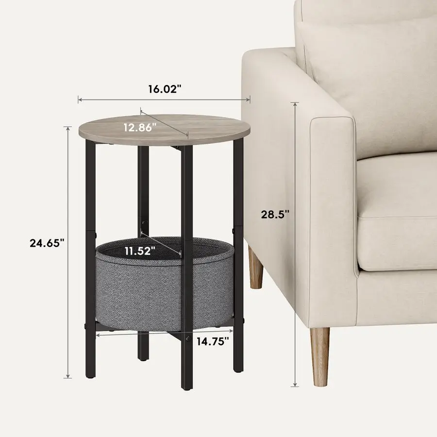 Round Side Table End Table with Storage Basket, Small Side Table Round Nightstand for Small Spaces, Tall Oval End Table with Ste