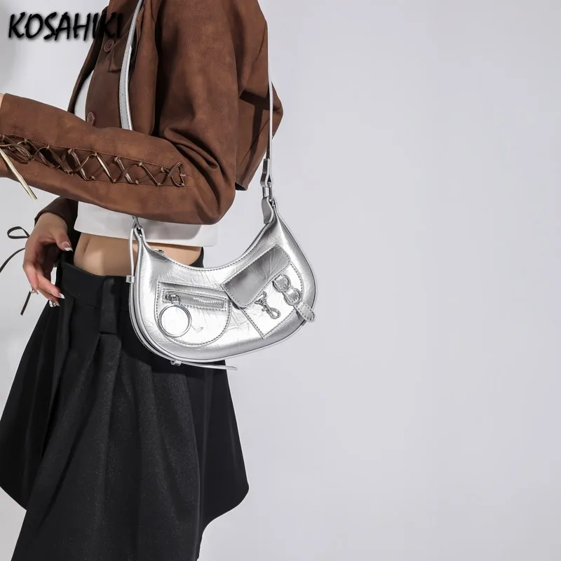 

Y2k Aesthetic Punk Vintage Zipper Women's Handbags Office Lady Fairy Chic Shoulder Bag Elegant Fashion Pu Leather Crossbody Bags