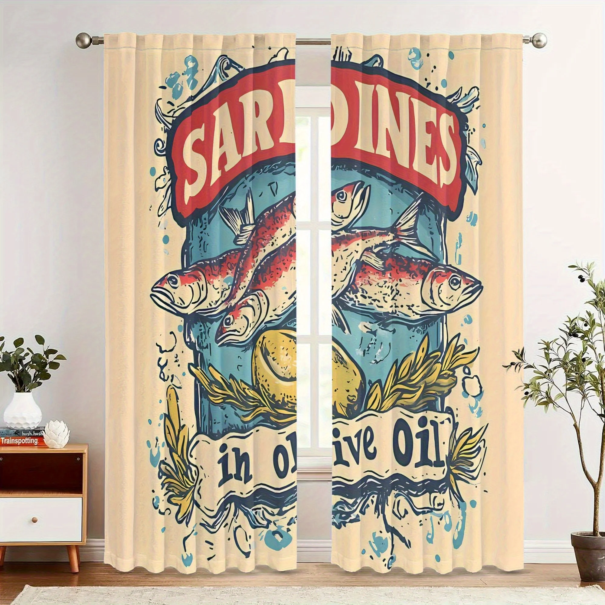 Vintage Canned Sardines Fish Blackout Curtains - 100% Polyester Machine Washable Light Filtering Privacy Drapes with Grommets