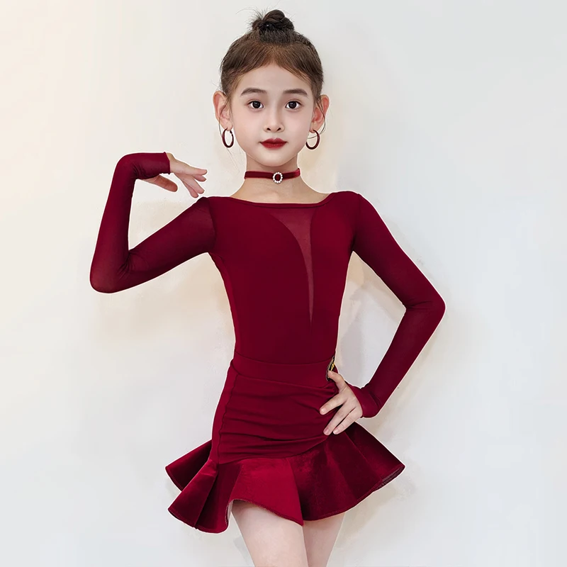 

Детская одежда для латинских танцев, сценический костюм для девочек, красный топ с длинными рукавами, юбка, раздельный костюм, одежда для тренировок, 2621