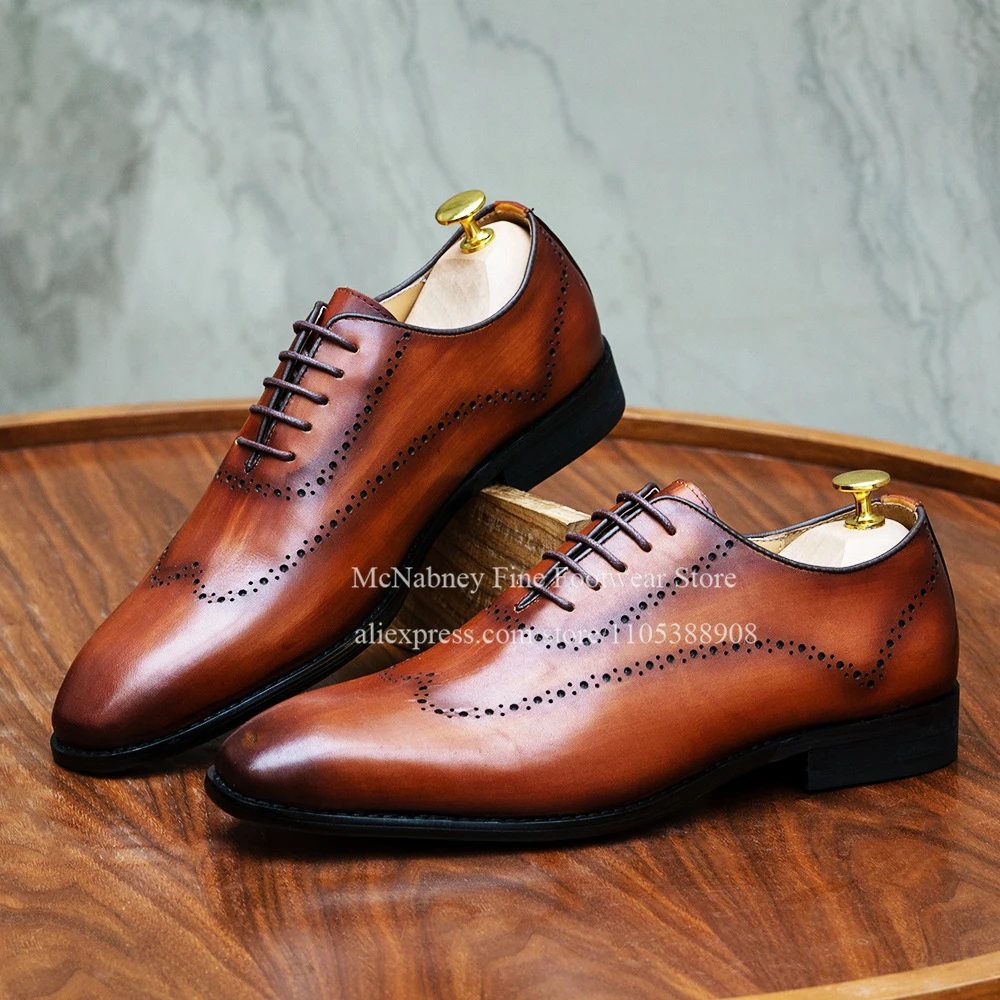 Burnished Brogue Wholecut Lace up Men Oxfords Genuine Leather Square Toe Formal Business Wedding Gentlemen Dress Shoes Plus Size