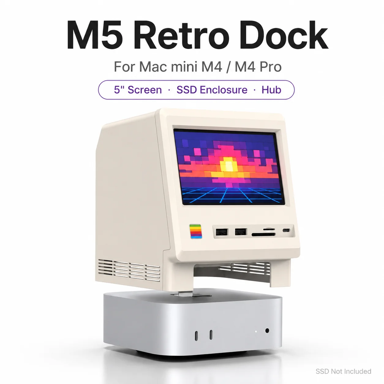 Retro Docking Station for Mac mini M4 M4 Pro 5 Inch Display M.2 NVMe SSD Enclosure USB-C Hub 10Gbps 80Gbps SSD Not Included