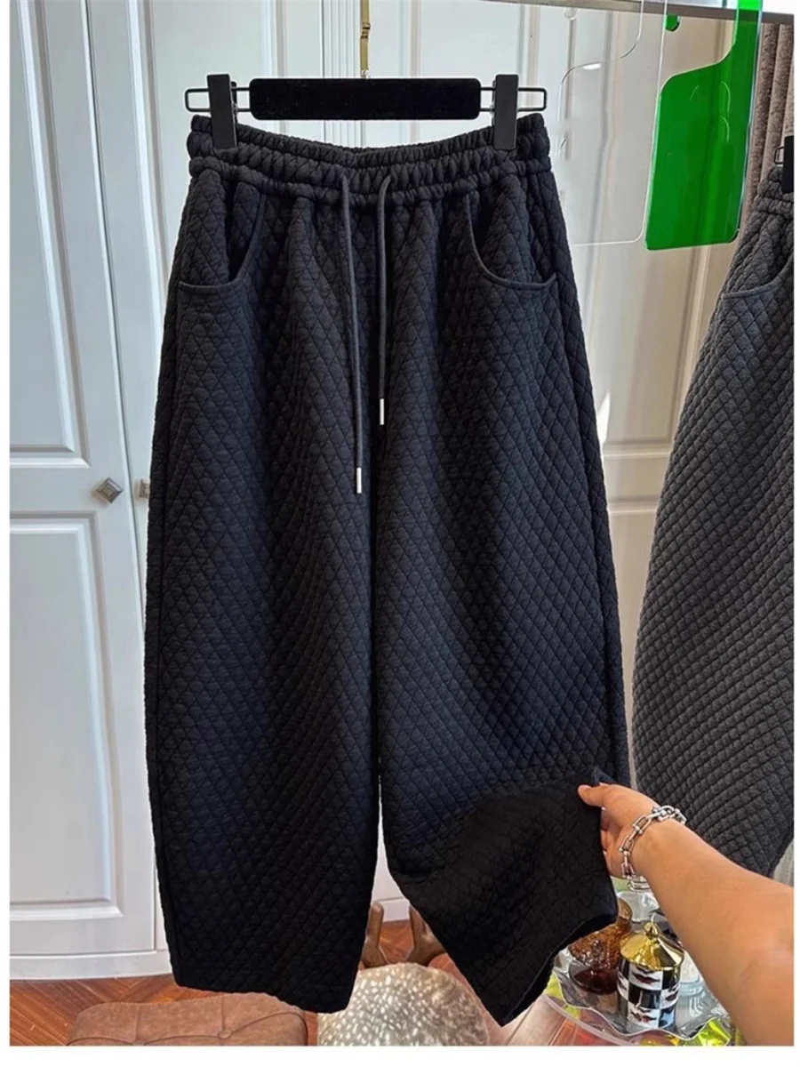 Retro Korean Style Quilted Thermal Casual Pants Men Women Straight Leg High Waist Long Pants Autumn Winter Slimming Effect