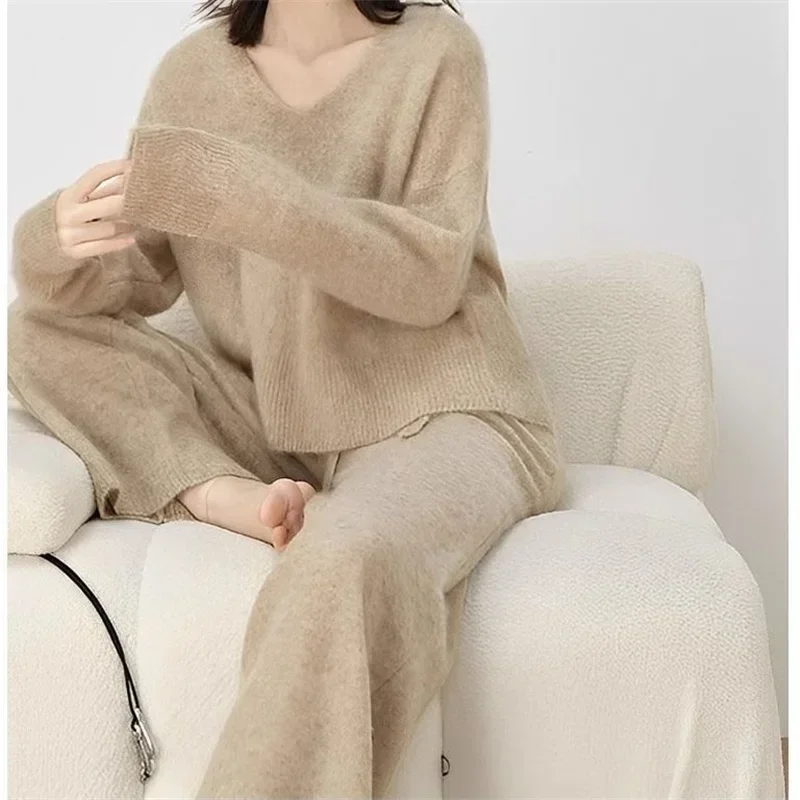 Fall New Comfortable Knitted Two Piece Sets for Women Chic Oat Color Sweater & Wide Leg Pants Suits Lazy Style 2 Pieces Knitwear