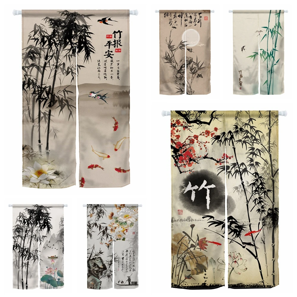 Chinese Ink Painting Bamboo Doorway Curtains Japanese Noren Bathroom Bedroom Partition Kithchen Divider Decor Hanging Curtain