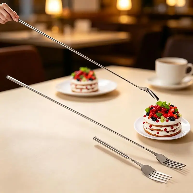 Silver Stainless Telescopic Extendable Fork Dinner Fruit Dessert Long Cutlery Forks Barbecue Meat Fork Kitchen Accessories Tools