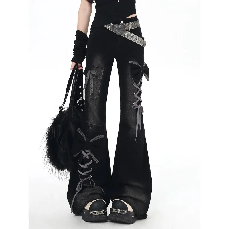 

Джинсы Y2K с бантом для женщин, 3D-дизайн, высокая талия, облегающие, расклешенные, в стиле Spicy Girl