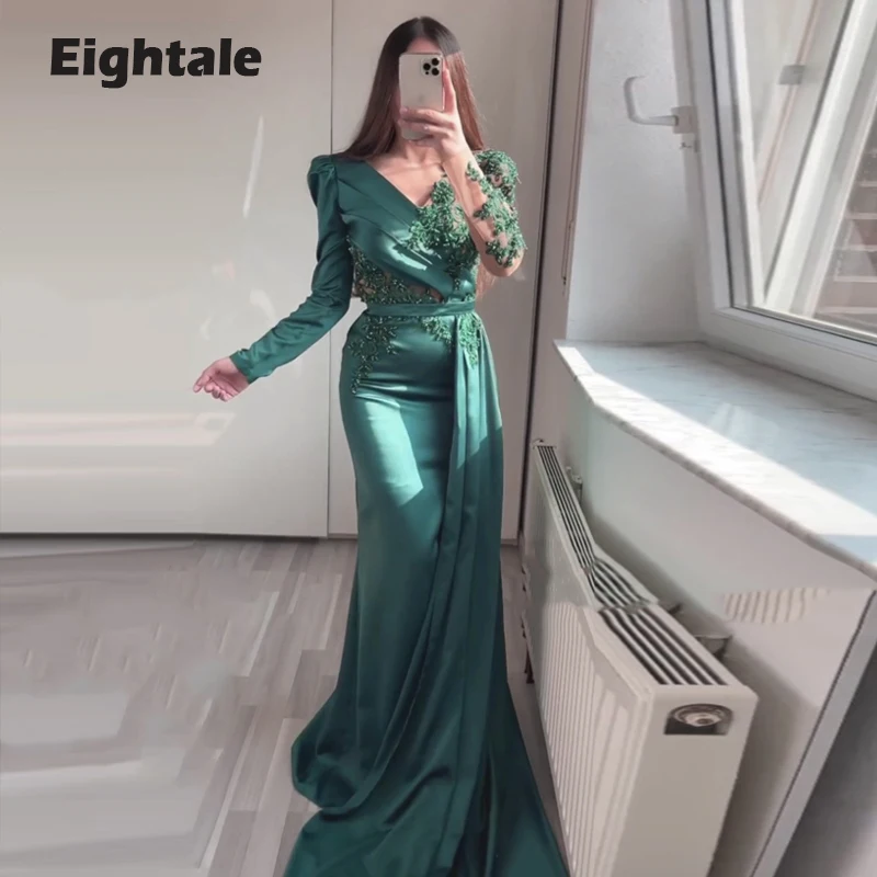 

Eightale Mermaid Evening Dresses with Long Sleeves V-Neck Appliques Beaded Satin Pleats Arabic Green Prom Party Gowns 2022