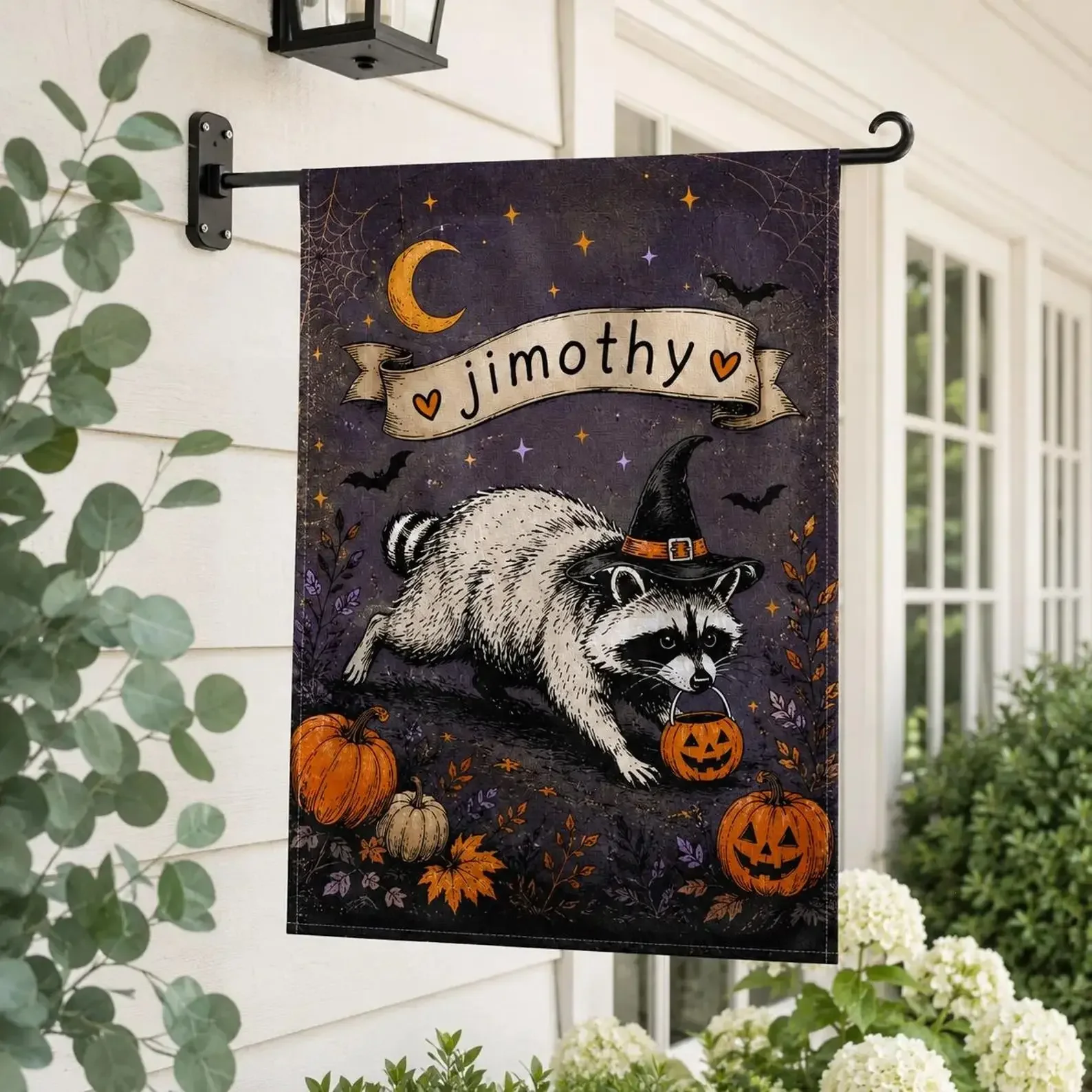 Jimothy Series Raccoon Print Halloween Garden Flag - Witch Hat, Pumpkin, Trick-or-Treat Design, Outdoor Safe Yard Decoration for Lawn, Patio